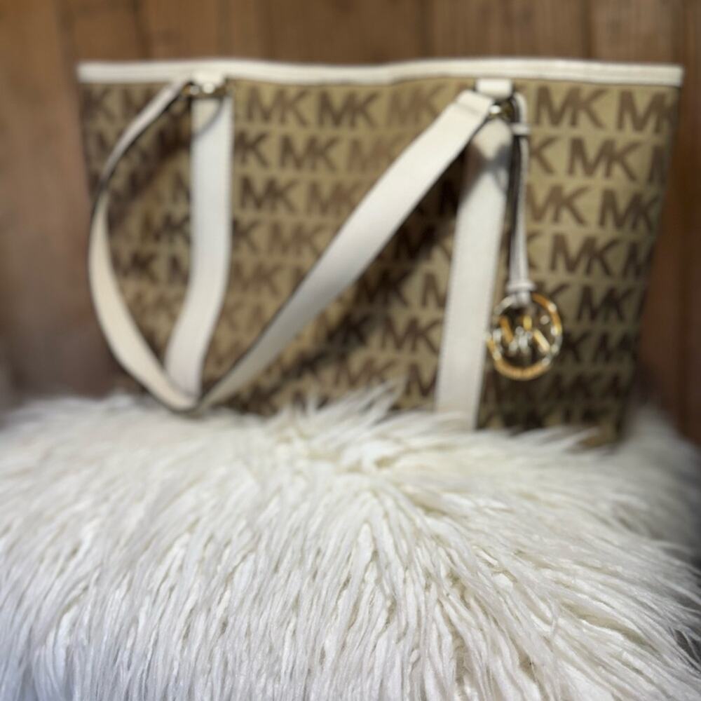 Michael Kors Brown/White Monogram Tote White Leather Straps